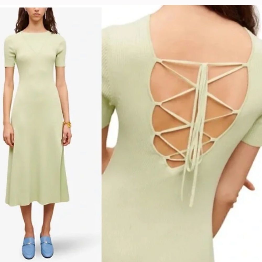 NWT MAJE Ruche Pale Green Lace Up Back Ribbed Short Sleeve Dress size Medium 36